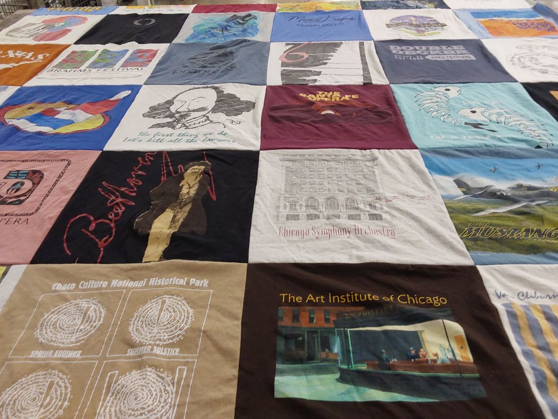 T-shirt quilt with music, arts themes by Lynda from TX