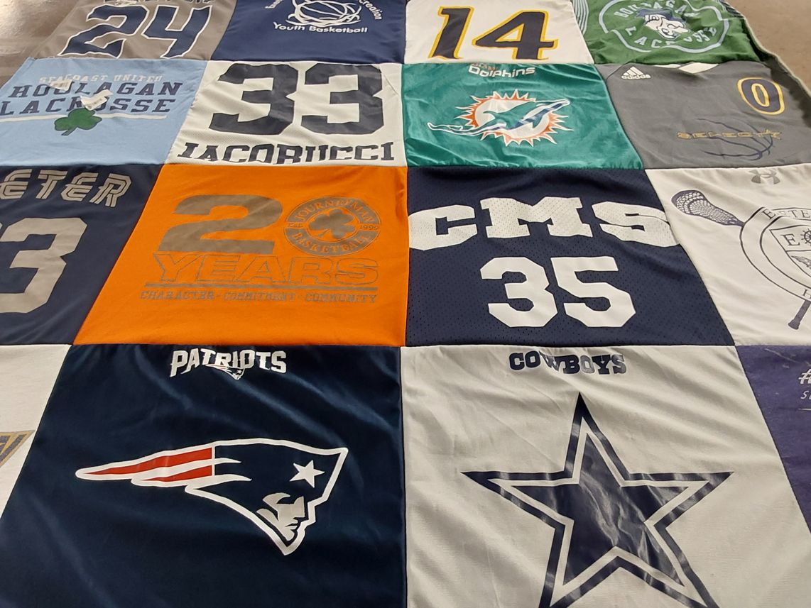 T-shirt quilt featuring new england patriots, dallas cowboys by Jaime from NH