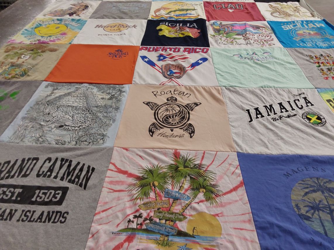 T-shirt quilt with travel, beach themes by Maria from MA