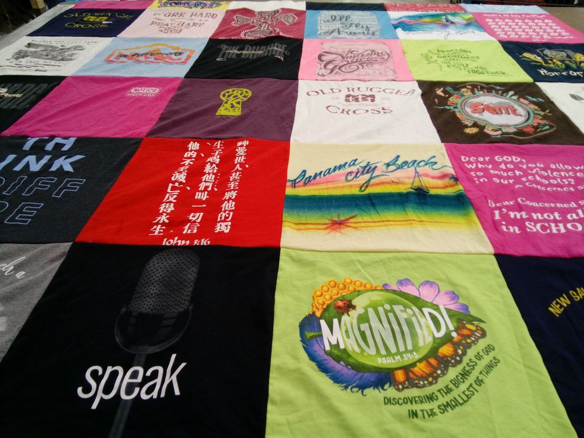 T-shirt quilt with travel, faith themes by Gail from AL
