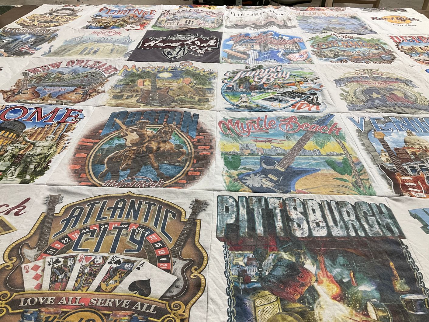 T-shirt quilt with travel, music themes by Kristen from VA