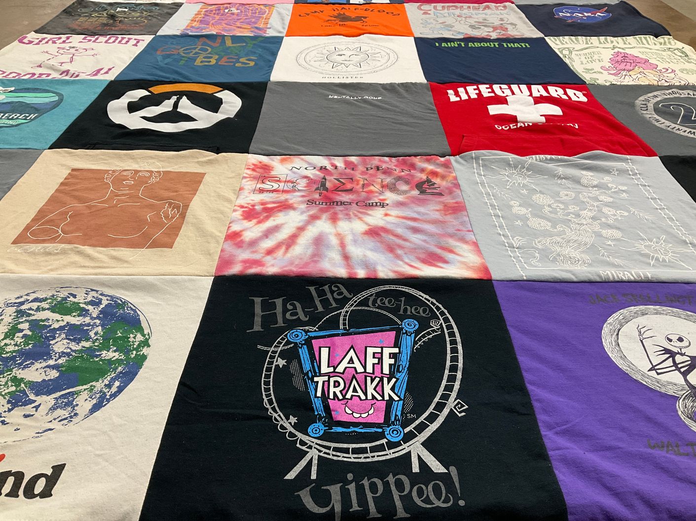 T-shirt quilt with arts, camping themes by Heather from PA