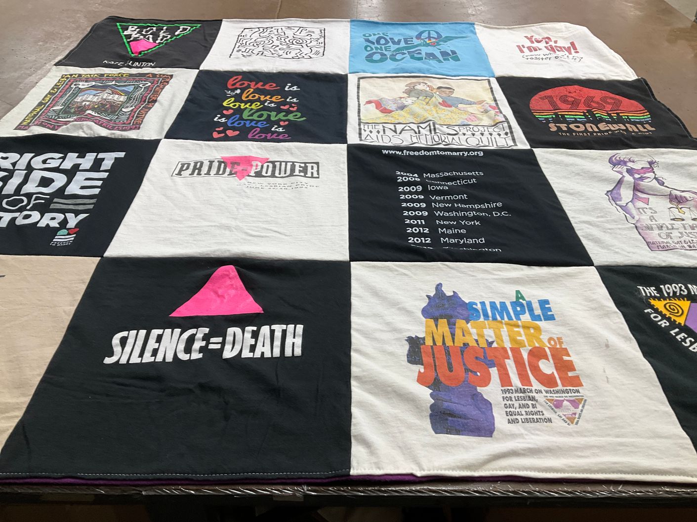 T-shirt quilt with human rights, social justice themes by Patricia from NY