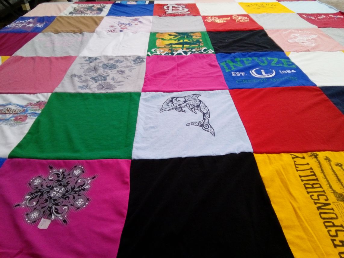 T-shirt quilt with crafting, upcycling themes by Angel from MO