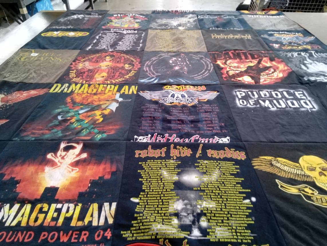 T-shirt quilt with rock music, metal music themes by Toni from TX