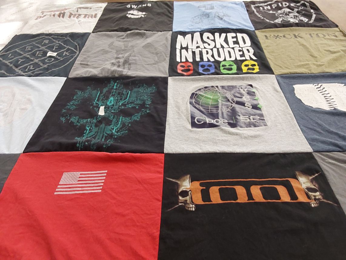 T-shirt quilt with music, bands themes by Maryann from IL