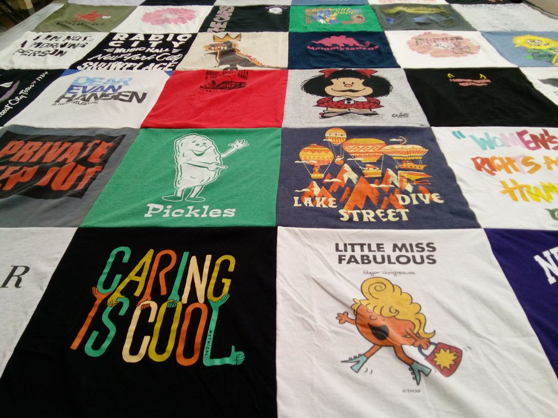 T-shirt quilt with musicals, cartoons themes by Monica from NJ