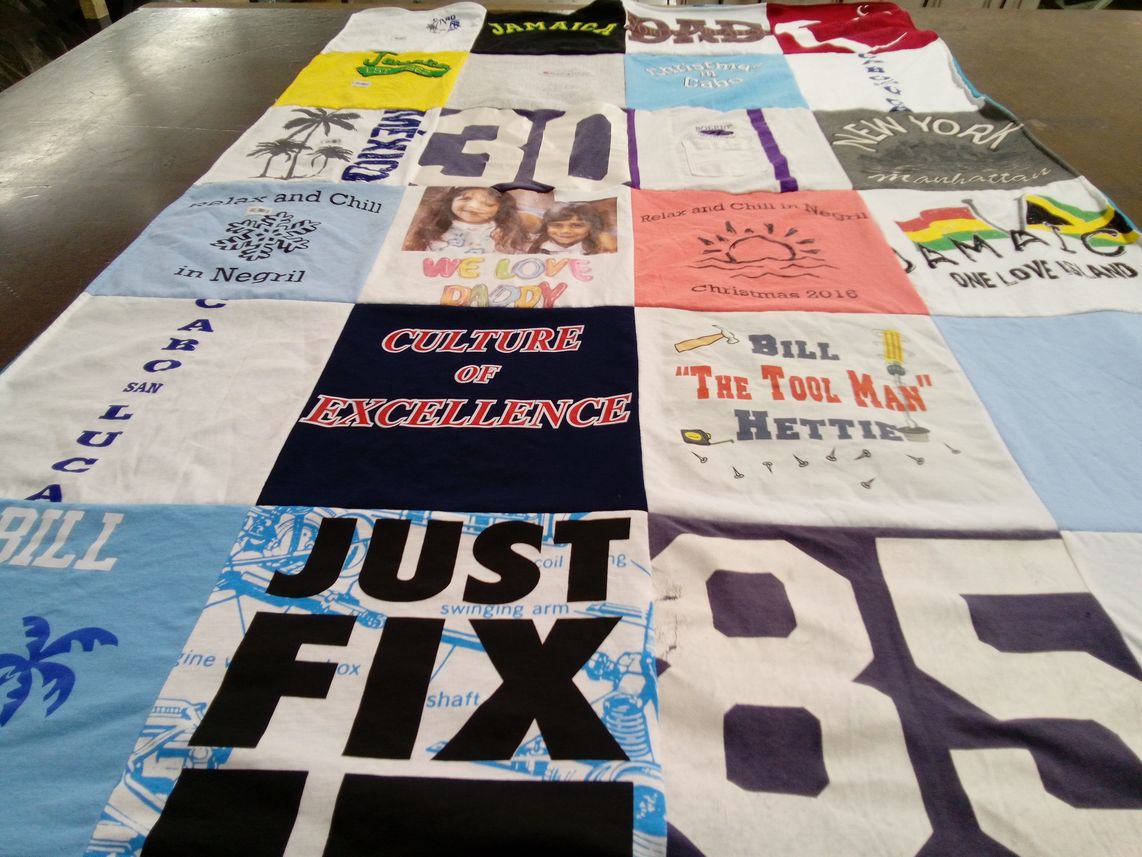 T-shirt quilt with travel, family themes by Shelley from TX