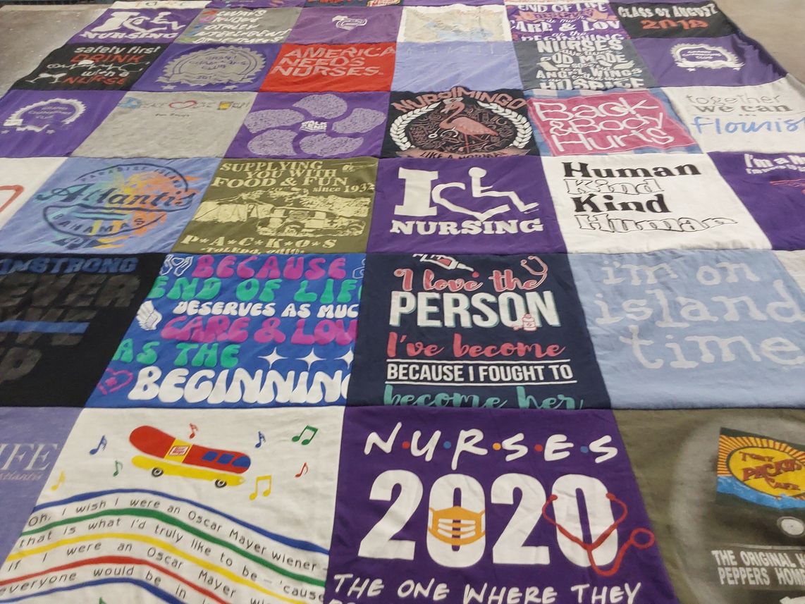 T-shirt quilt with nursing, healthcare themes by Nanci from IL