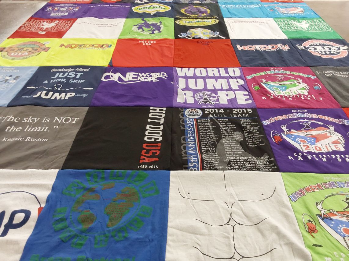 T-shirt quilt with jump rope, sports themes by Colleen from IL