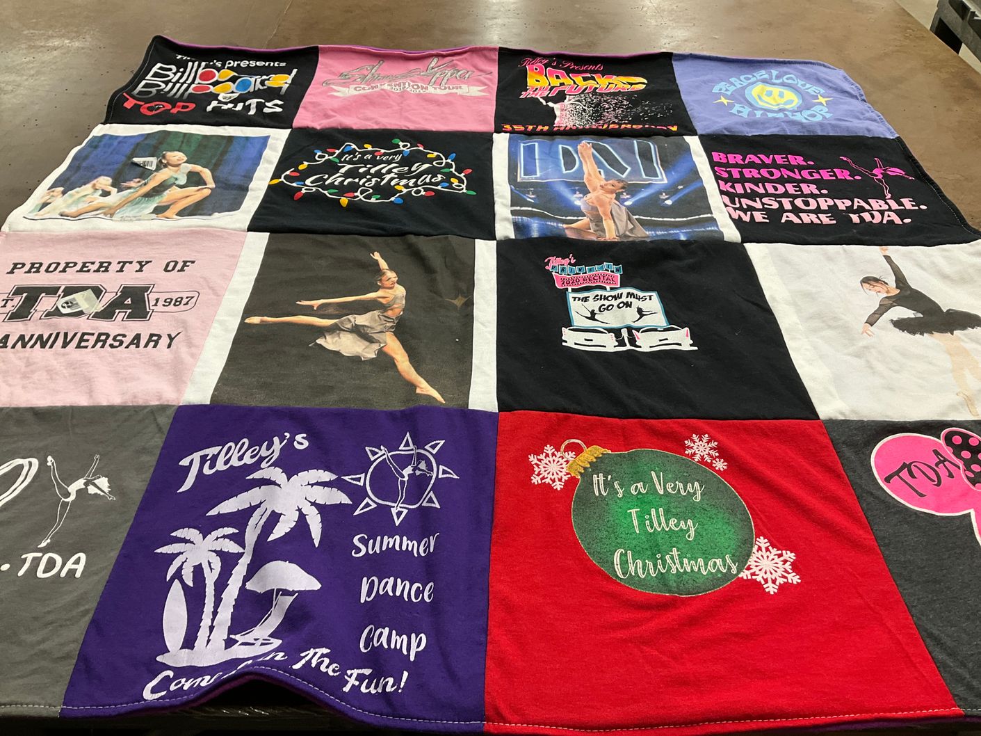 T-shirt quilt with dance, performance themes by Lindsay from NC