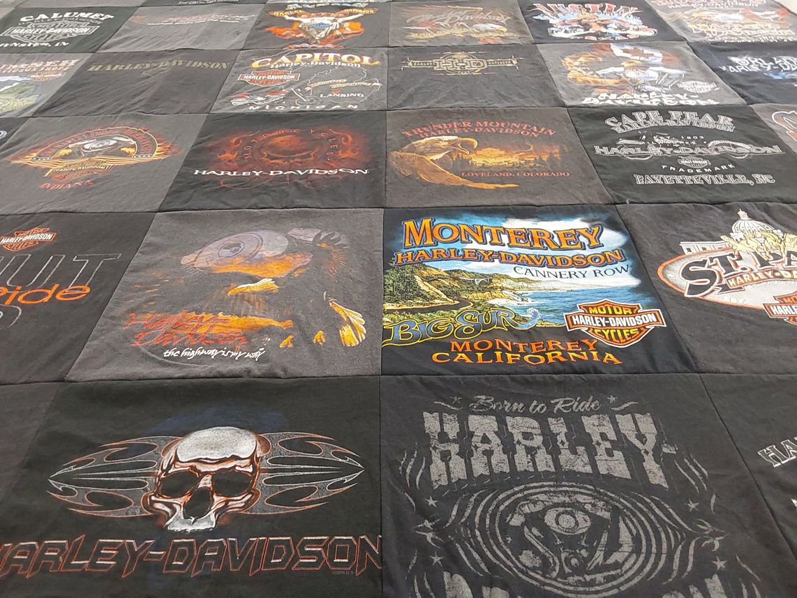 T-shirt quilt with motorcycles, biking themes by Gary from MI