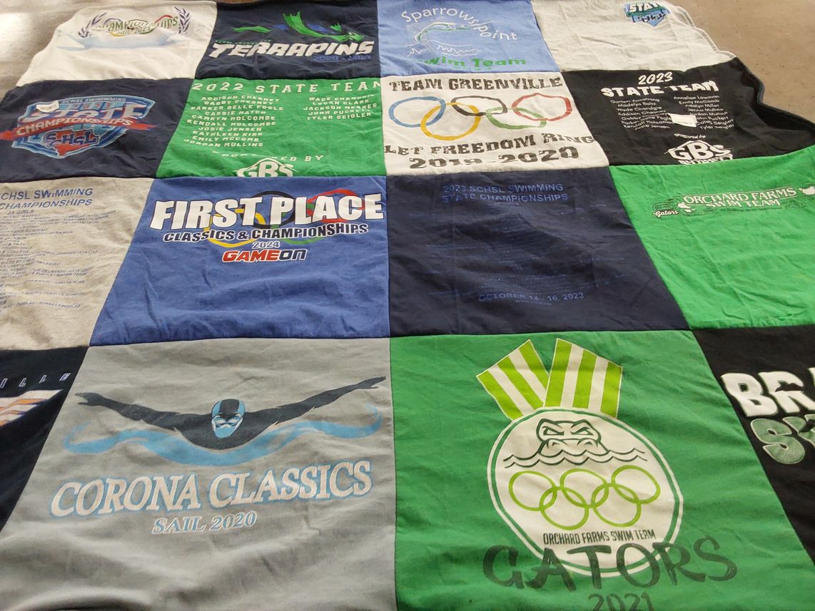 T-shirt quilt featuring orchard farms swim team, sparrow point swim team by guendalina from SC
