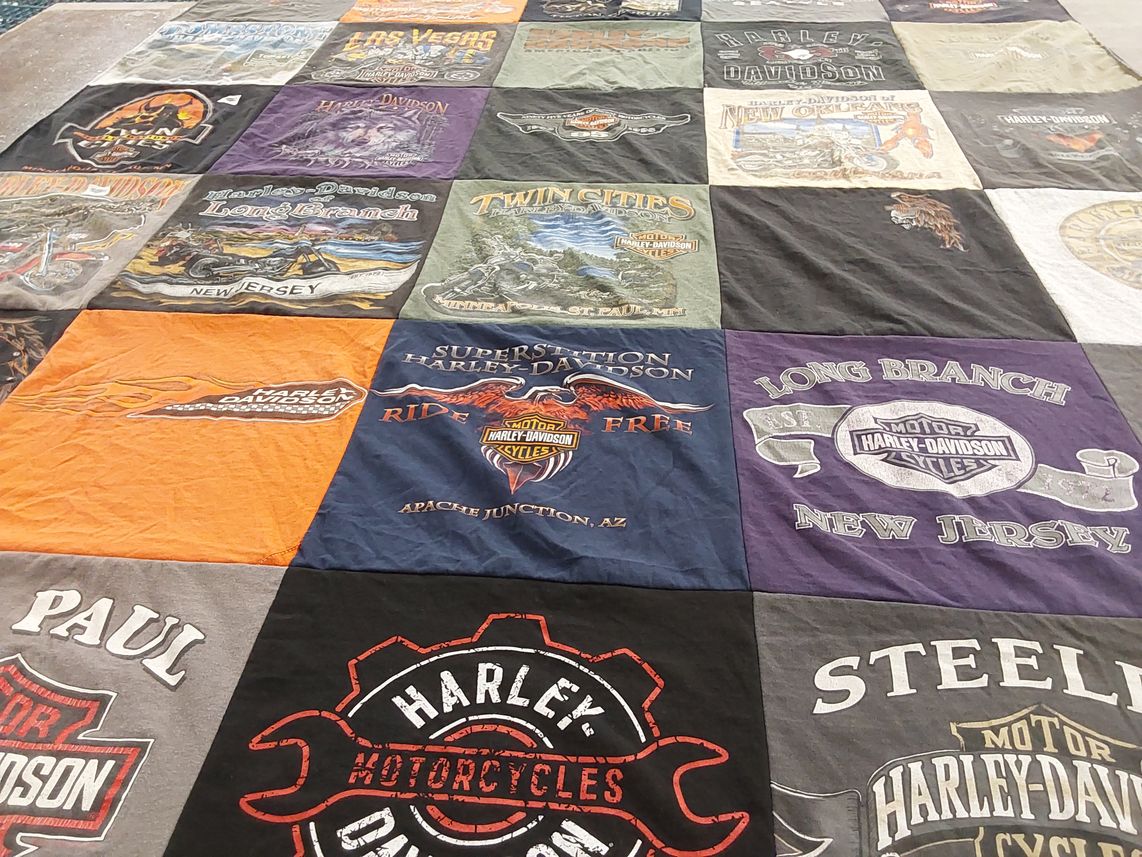 T-shirt quilt with motorcycles, biking themes by Anna from AZ
