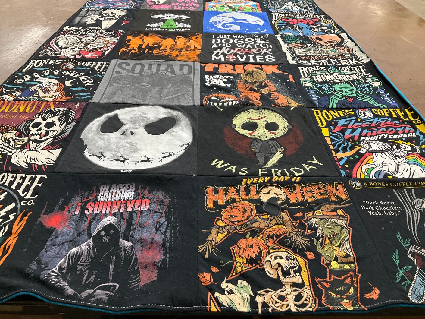 T-shirt quilt with horror movies, coffee themes by Tiffany from MT