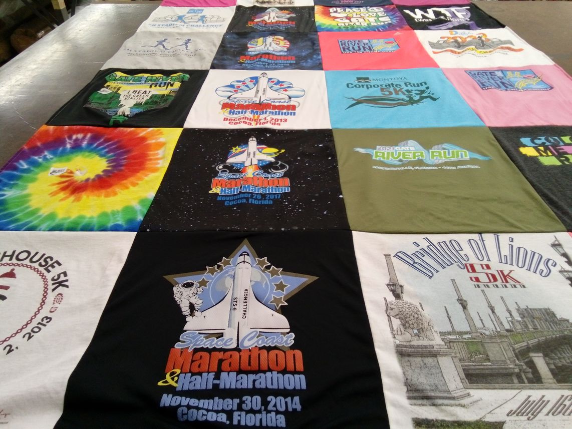 T-shirt quilt with running, fitness themes by Debbie from FL