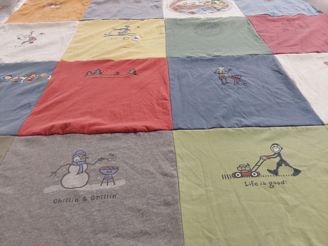T-shirt quilt with outdoor activities, grilling themes by Donna from NY