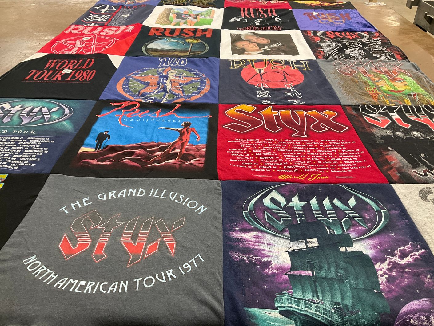T-shirt quilt with music, concerts themes by Katie from CO