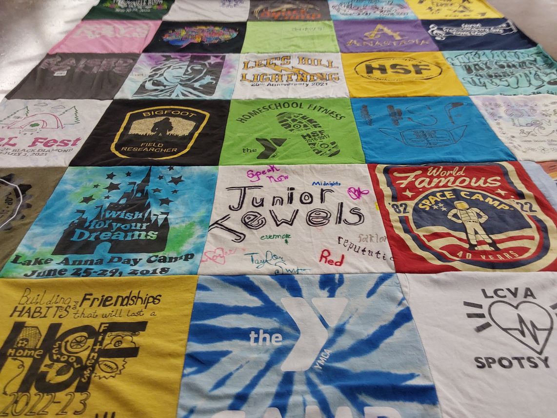 T-shirt quilt with camping, junior activities themes by Helen from VA