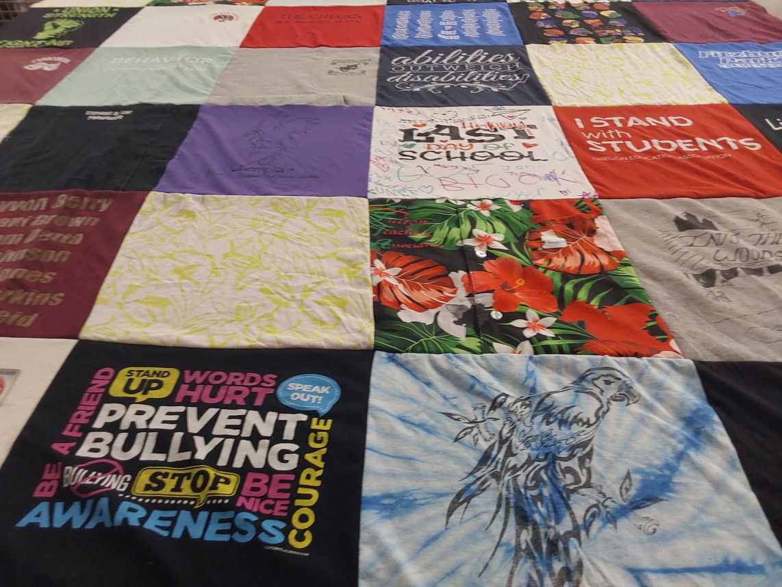 T-shirt quilt with education, bullying prevention themes by Stephanie from NY
