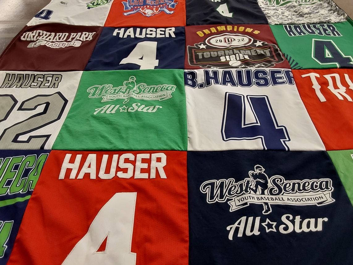 T-shirt quilt with baseball, sports themes by Jeannette from NY