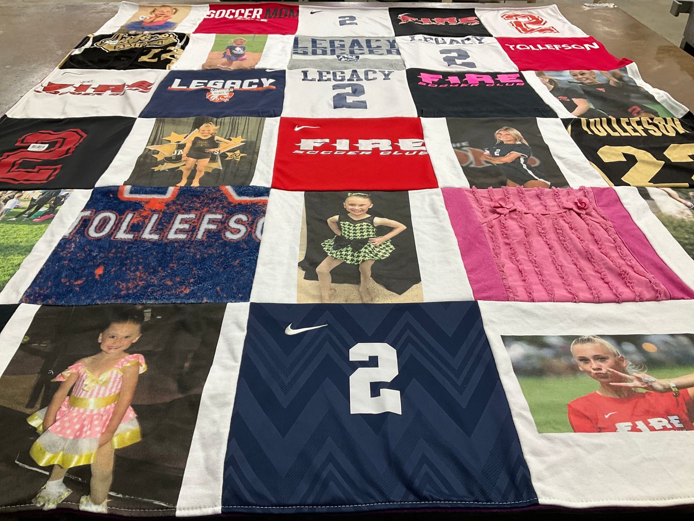 T-shirt quilt with sports, dance themes by Sheila from MN