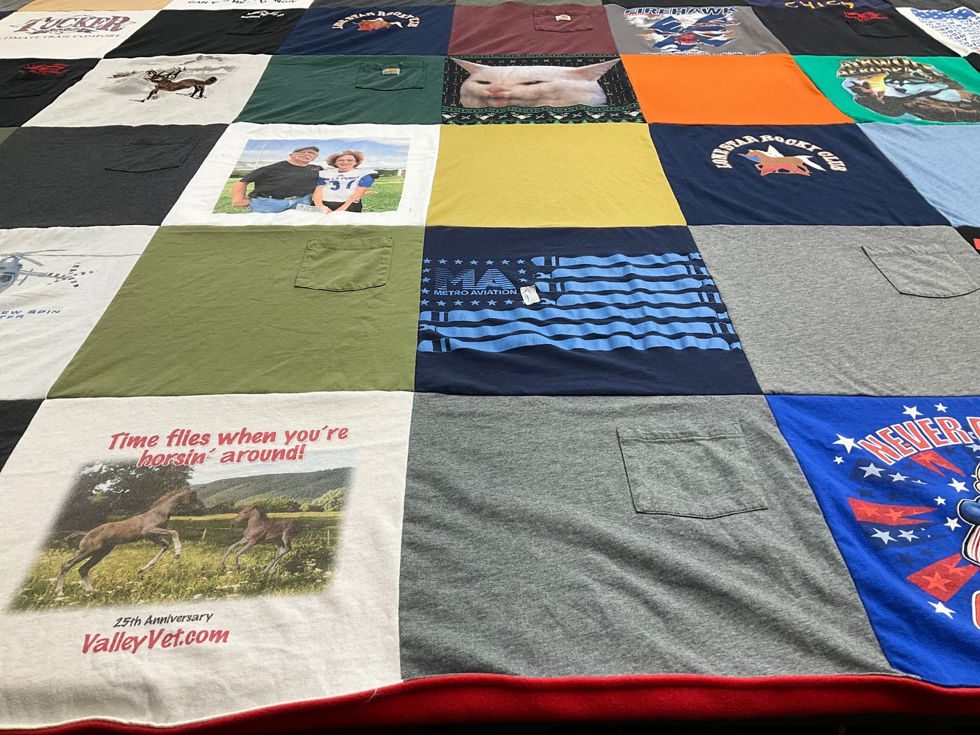 T-shirt quilt with horses, veterinary themes by Stephanie from TX