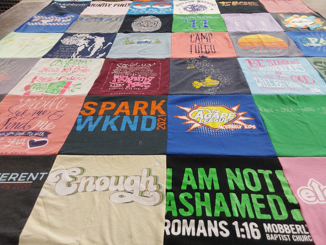 T-shirt quilt with youth ministry, religion themes by Hayley from TX