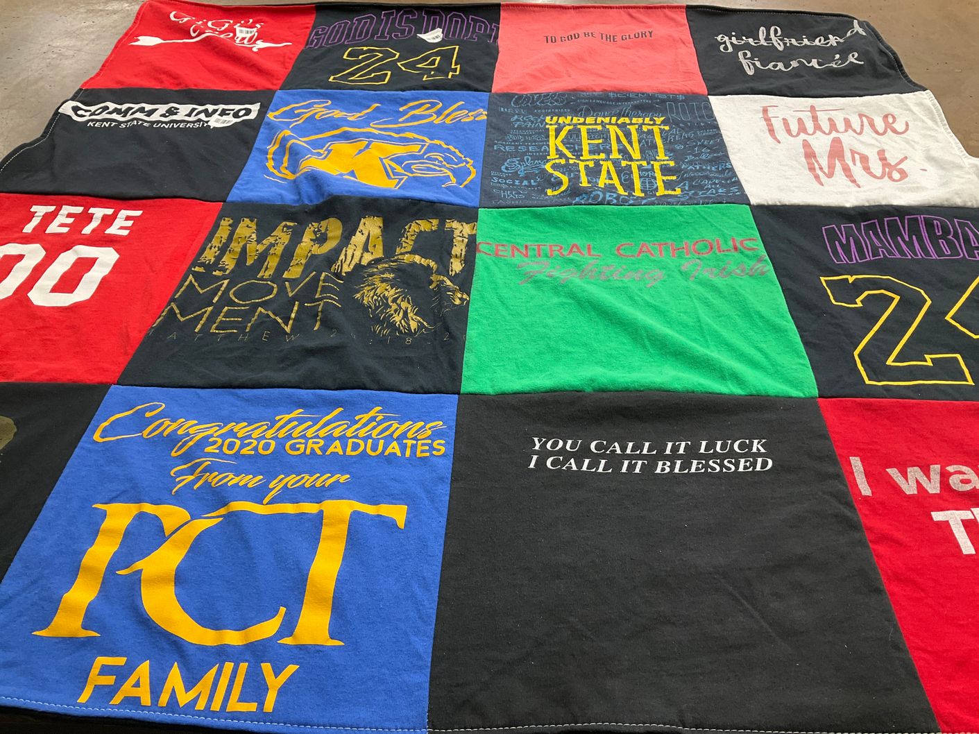 T-shirt quilt from kent state university, central catholic high school by Taylor from OH