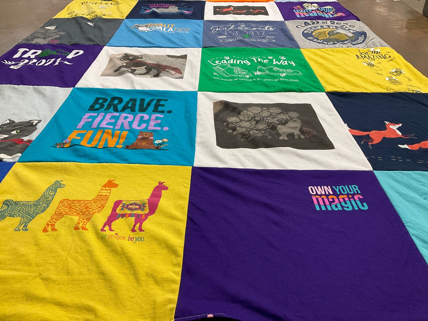 T-shirt quilt with girl scouts, empowerment themes by Jennifer from NJ