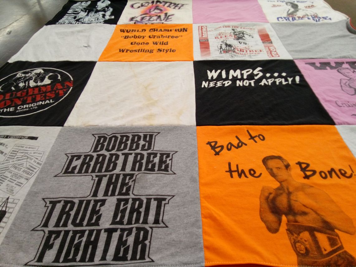 T-shirt quilt with wrestling themes by Jo from AR