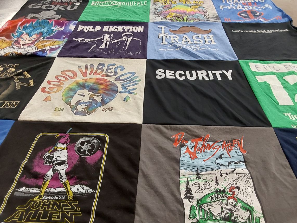 T-shirt quilt with art, music themes by Eddie from AZ