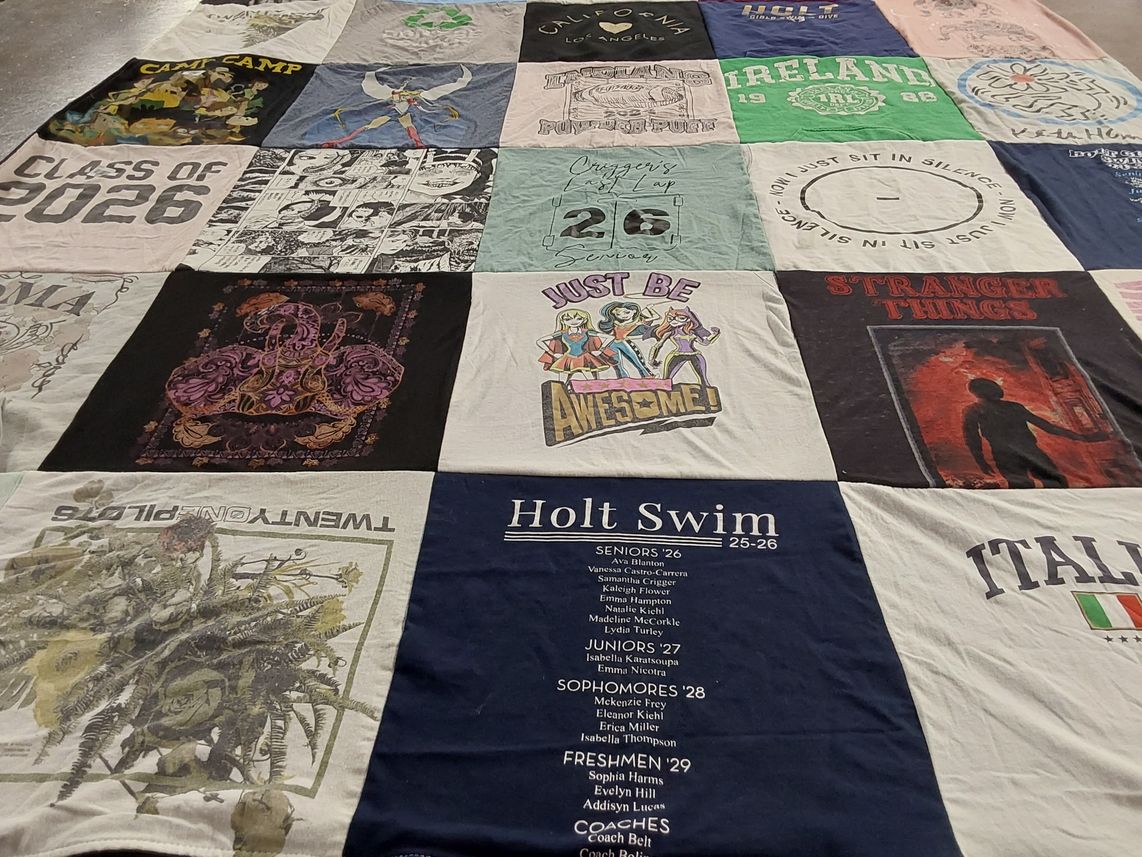 T-shirt quilt with camping, swimming themes by Candie from MO