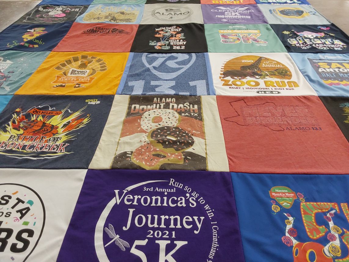 T-shirt quilt with running, donuts themes by Dan from TX