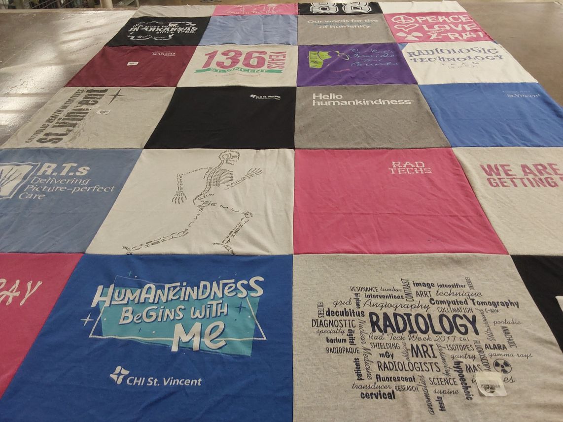T-shirt quilt with healthcare, radiology themes by Karen from AR