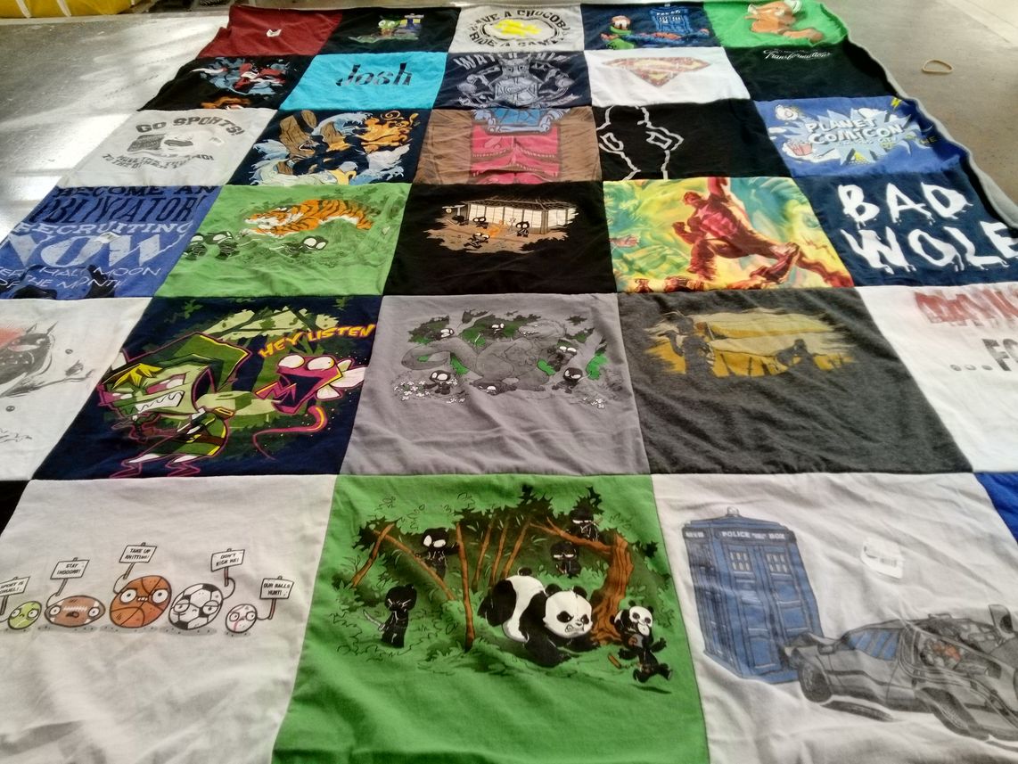 T-shirt quilt with comics, movies themes by Rob from MO