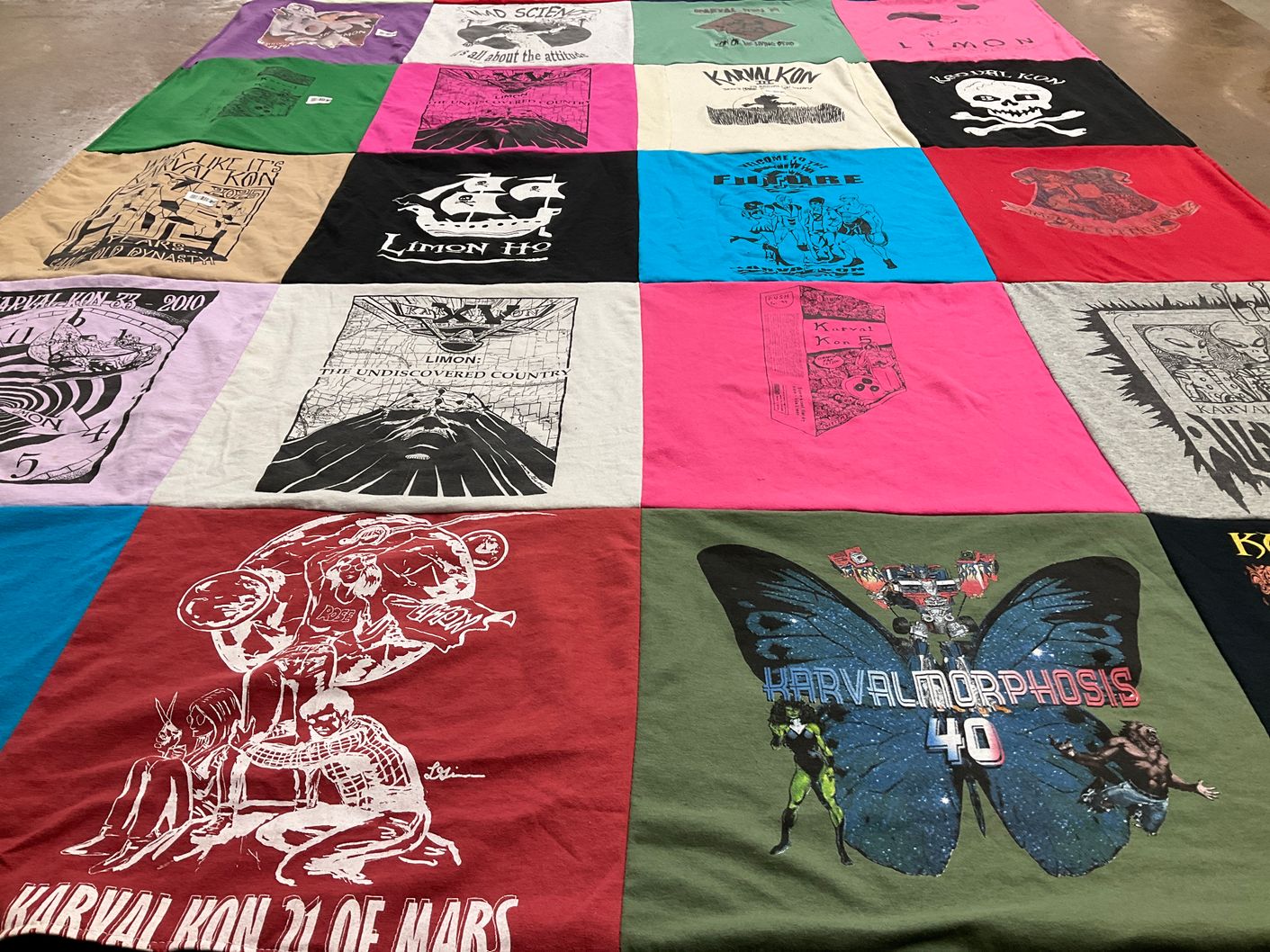 T-shirt quilt with conventions, fandoms themes by Rose from CO
