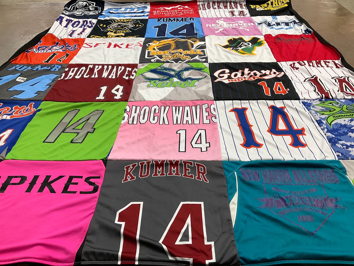 T-shirt quilt with sports, softball themes by Susan from IN