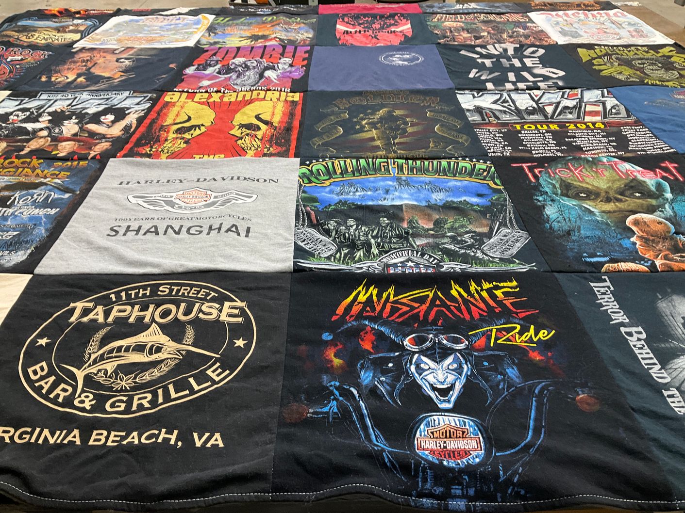 T-shirt quilt with motorcycles, music themes by Caroline from VA
