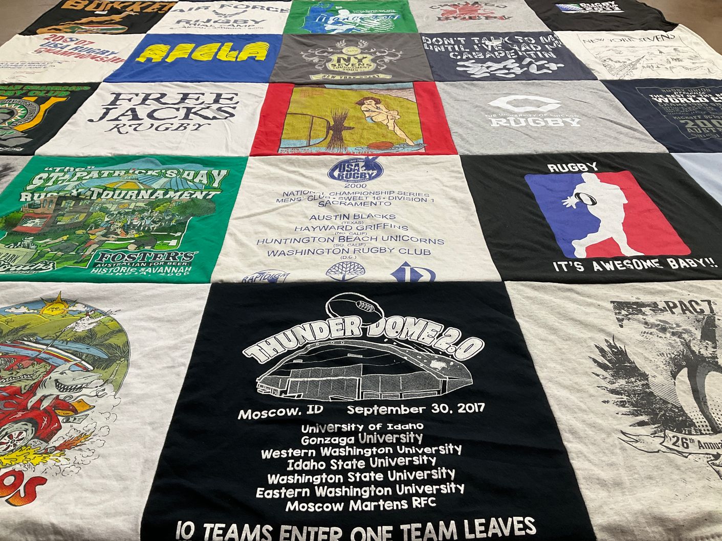T-shirt quilt featuring austin blacks, huntington beach unicorns by Charles from ID
