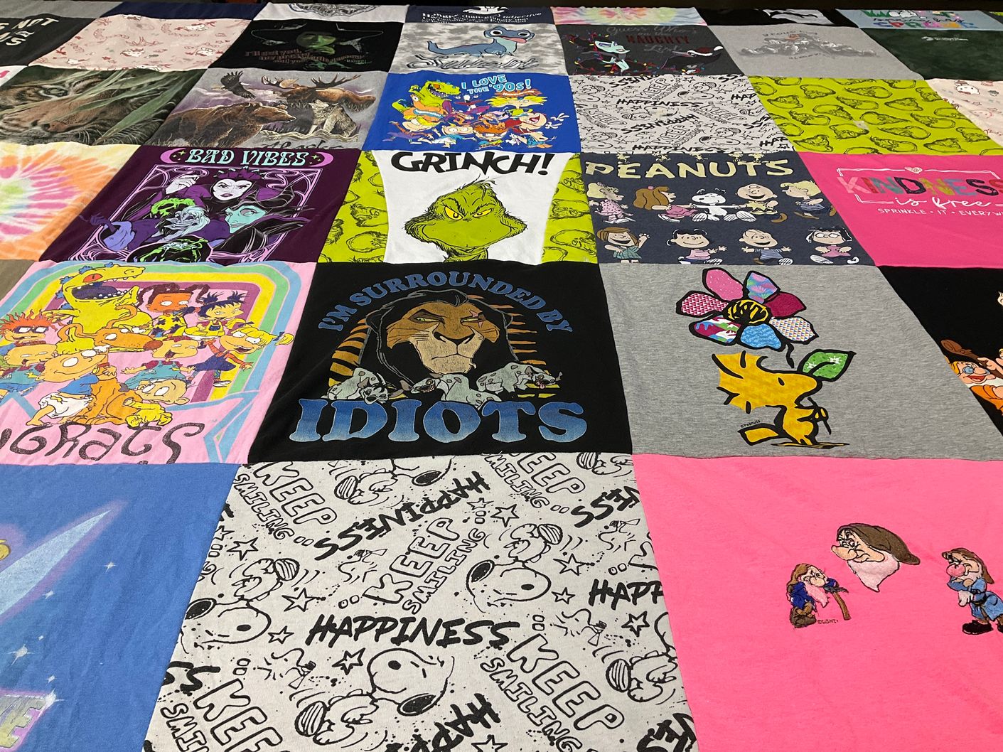 T-shirt quilt with cartoons, animation themes by Julie from CA