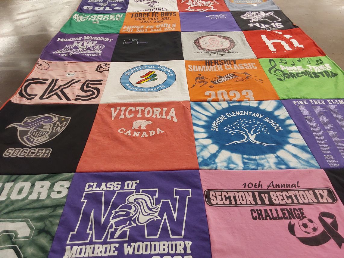 T-shirt quilt from monroe woodbury high school, sapphire elementary school by Denise from NY