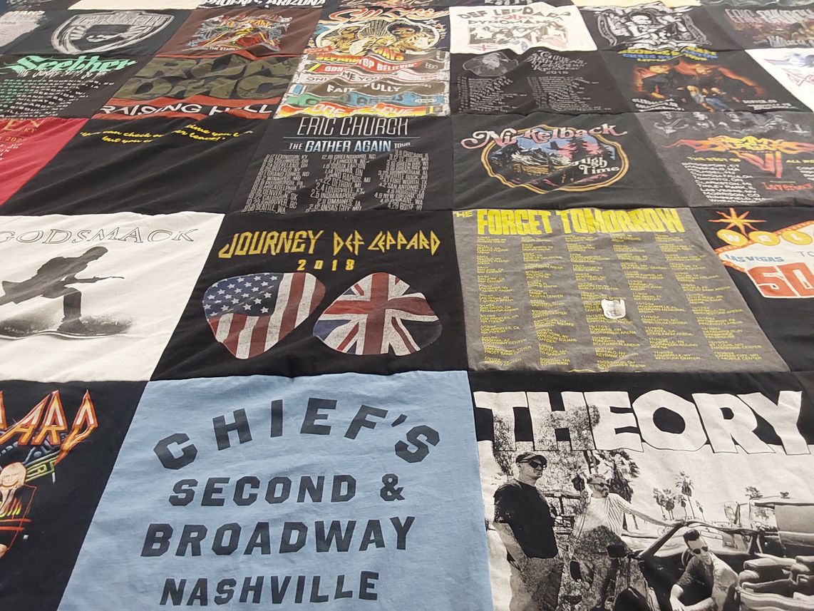 T-shirt quilt with music, rock themes by Lance from MT