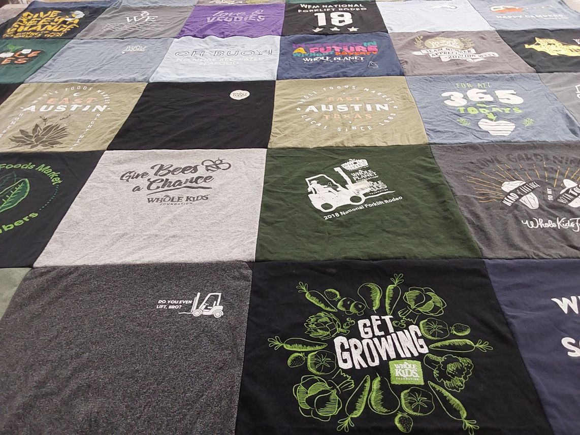 T-shirt quilt with sustainable agriculture, community gardening themes by Cassidy from TX