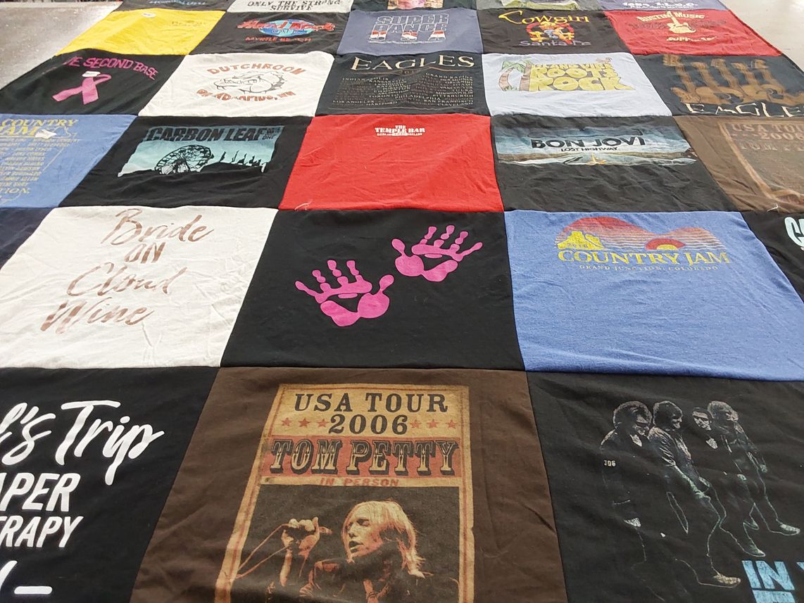 T-shirt quilt with music, concerts themes by Mindy from CO