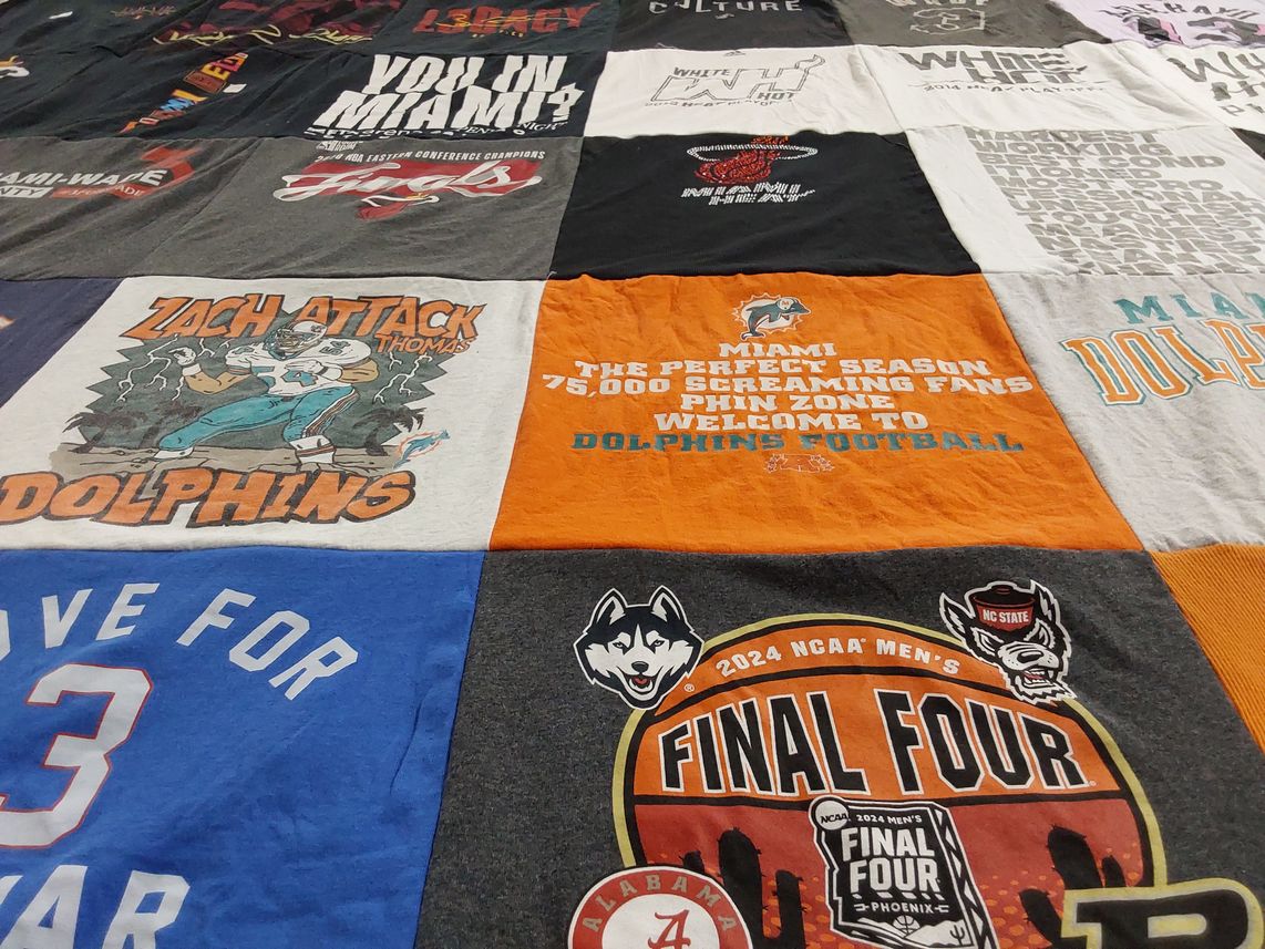 T-shirt quilt with music, arts themes by Lynn from FL