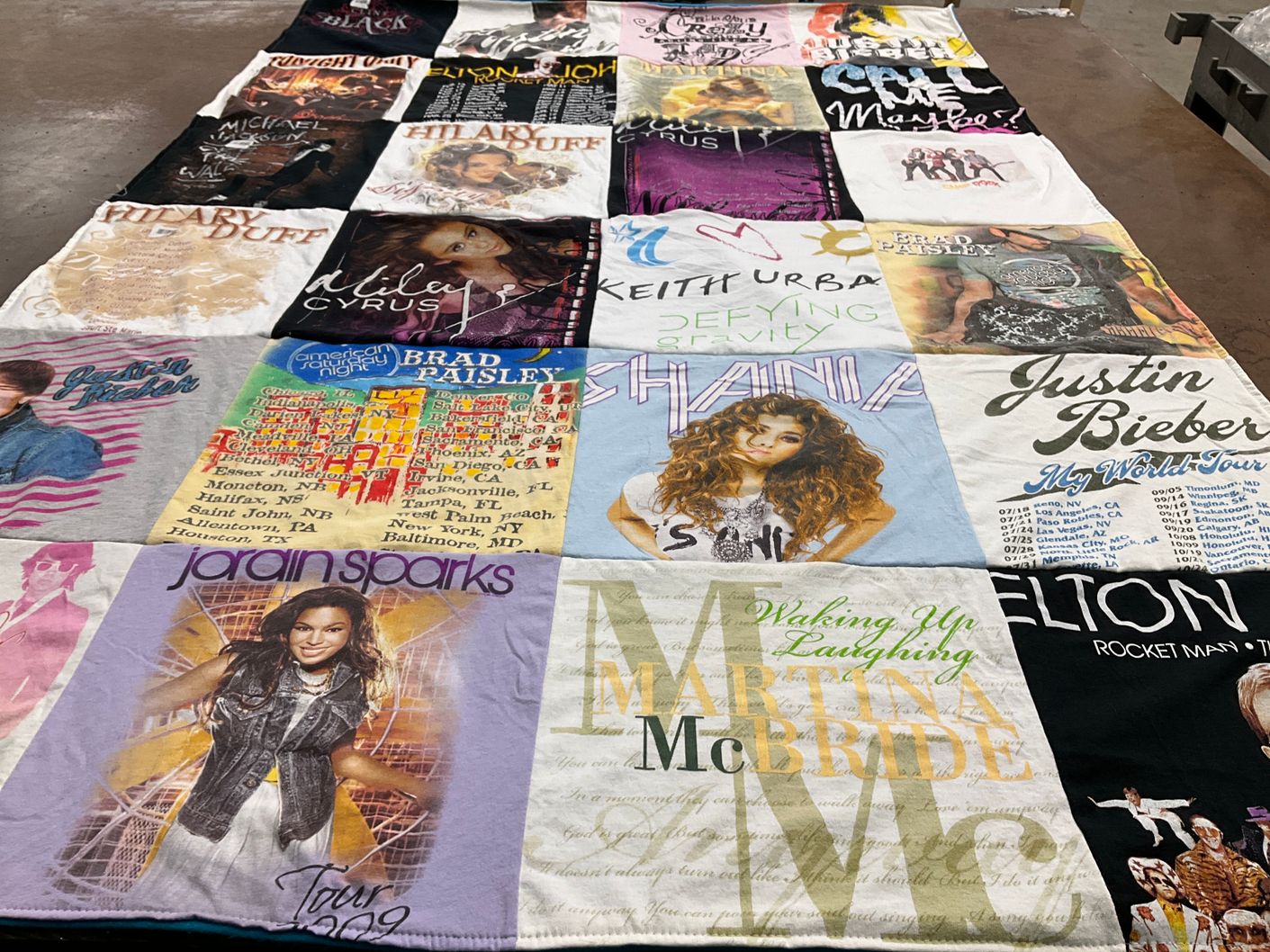 T-shirt quilt with music, concerts themes by Eva from KY