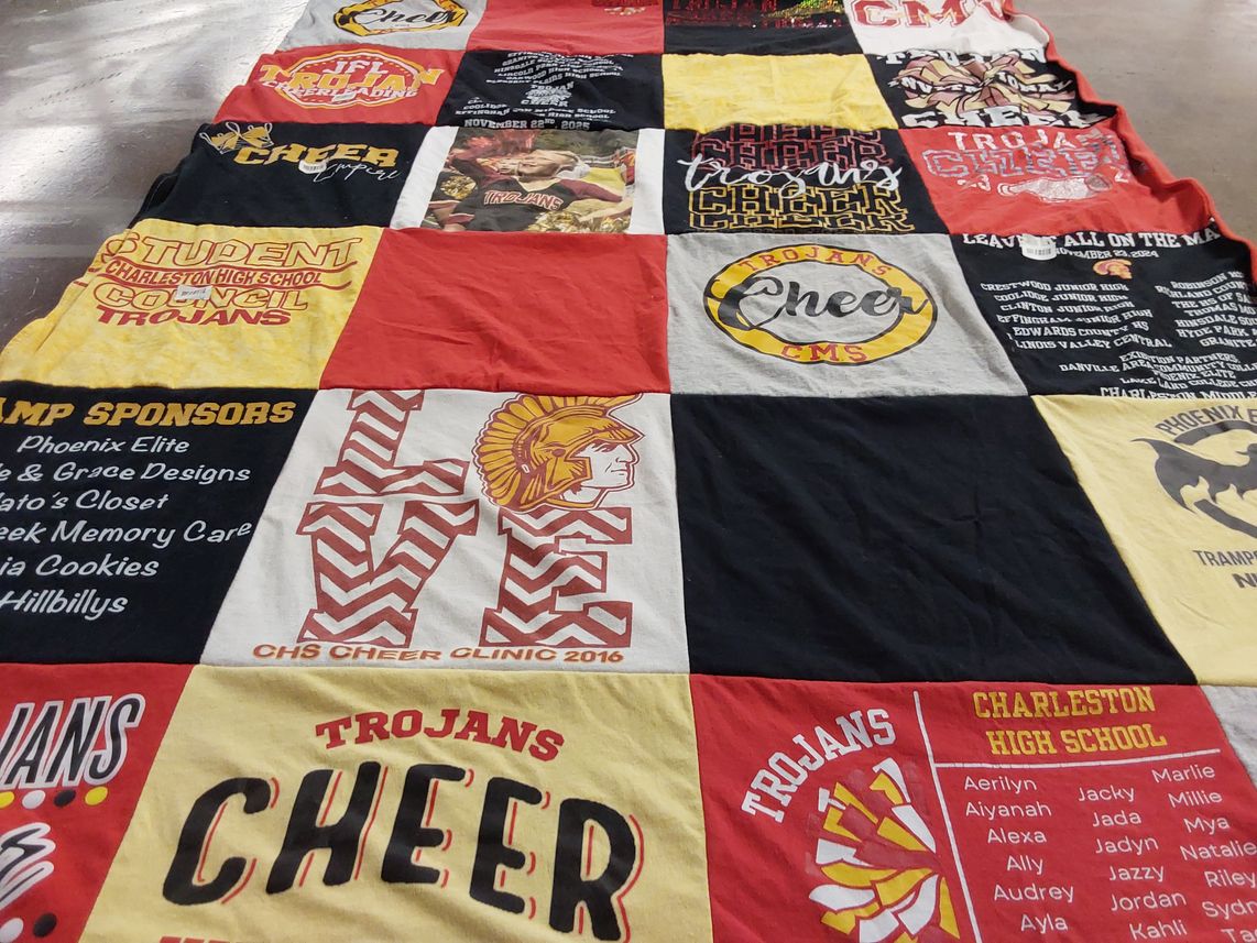T-shirt quilt featuring cms cheer team, charleston high school trojans by Kathy from IL