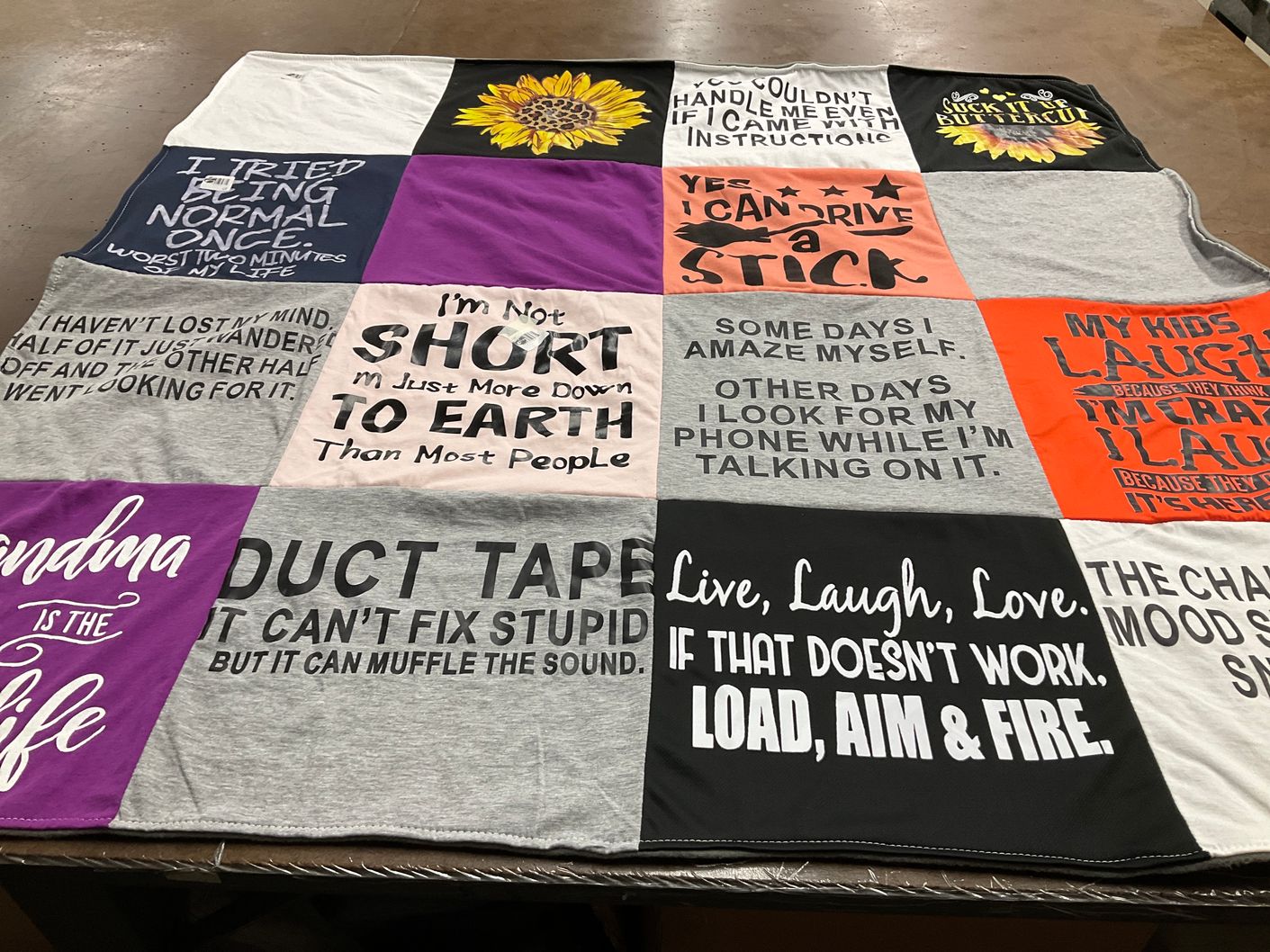 T-shirt quilt with humor, family themes by Kristin from IN