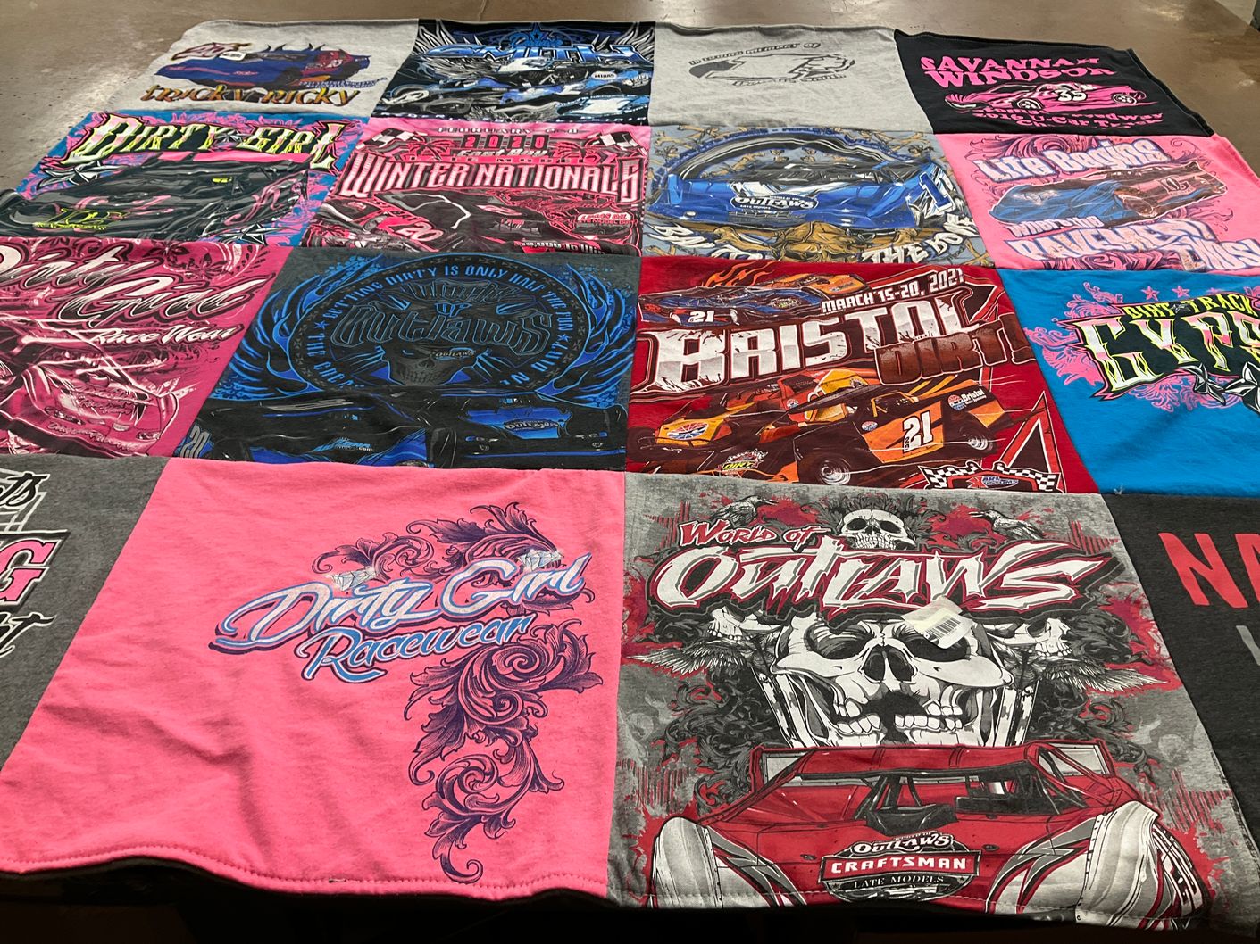 T-shirt quilt with dirt racing, motorsports themes by Sheryl from MD